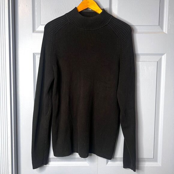 Claiborne Black Ribbed Knit Mock Neck Fisherman Sweater 100% Cotton Size Medium - Picture 1 of 8